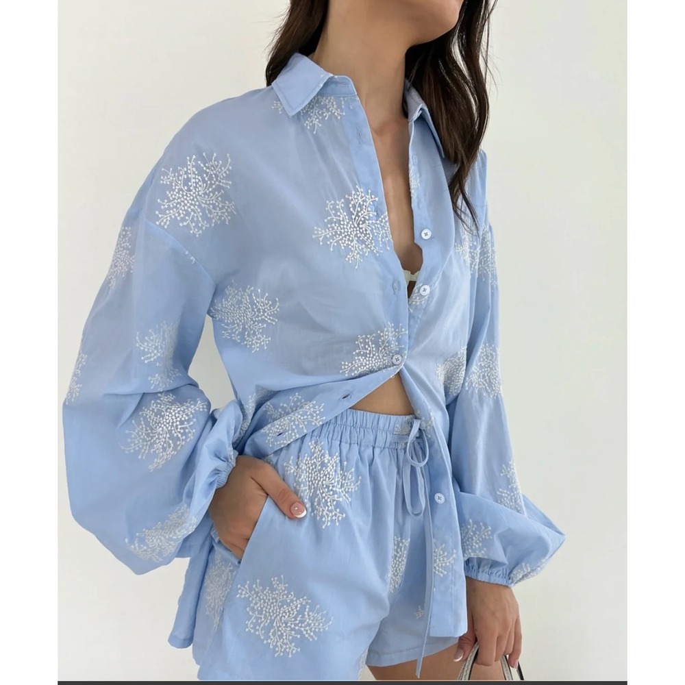 Commense Blue Semi-Sheer Plant Embroidery Shirt and Shorts 2 Piece Set L NWT